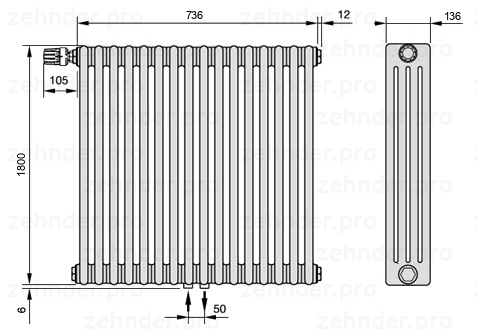 Схема (чертеж) Радиатор Zehnder Charleston 4180/16 №V007 Белый глянцевый RAL 9016